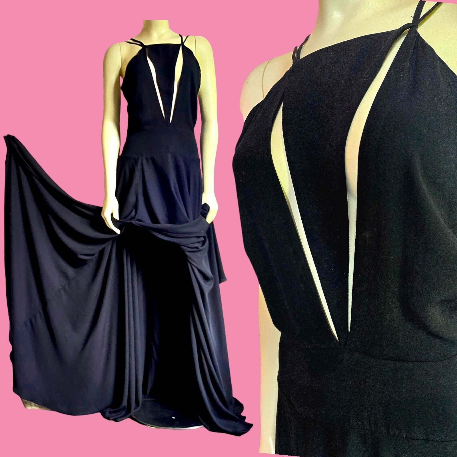 Fame & Partners Daring Cut Out Chest Black Long Flowing Gown High Slit Sz 6 New!